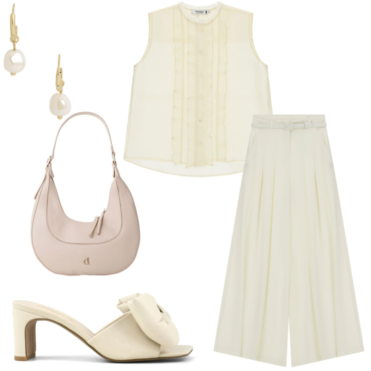 Outfit donna - Colori chiari d\'estate. Stile Casual chic per Tutti i giorni. Abbinamento con camicie, borse a tracolla, pantaloni a palazzo, orecchini, sandali col tacco.