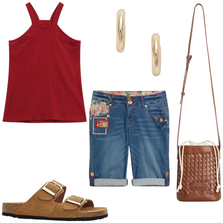 Outfit donna - Luglio caldo. Stile Casual per Tutti i giorni. Abbinamento con ciabatte, bermuda, borse a secchiello, top, orecchini.