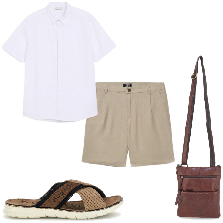 Outfit uomo - Luglio caldo. Stile Casual per Tutti i giorni. Abbinamento con camicie a manica corta, pantaloni corti, portafogli, sandali.