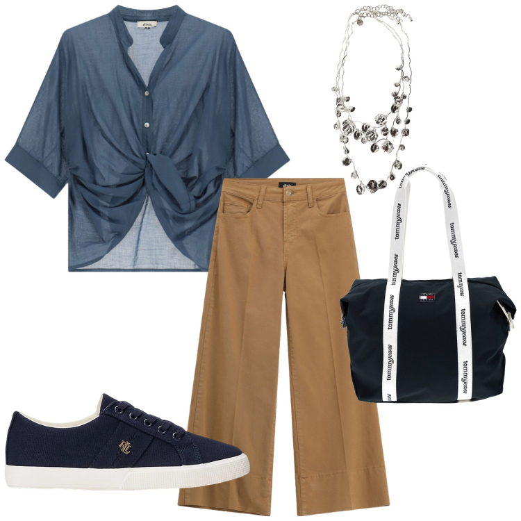 Outfit donna - Total look #2427842. Stile Sporty chic per Ufficio. Abbinamento con pantaloni a palazzo, camicie, collane, sneakers, shopping bag.