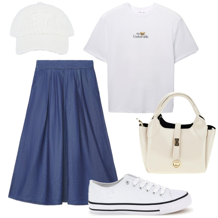 Outfit donna - Total look #2427843. Stile Basic per Tutti i giorni. Abbinamento con gonne lunghe, t-shirt, cappelli con visiera, borse a mano, sneakers.