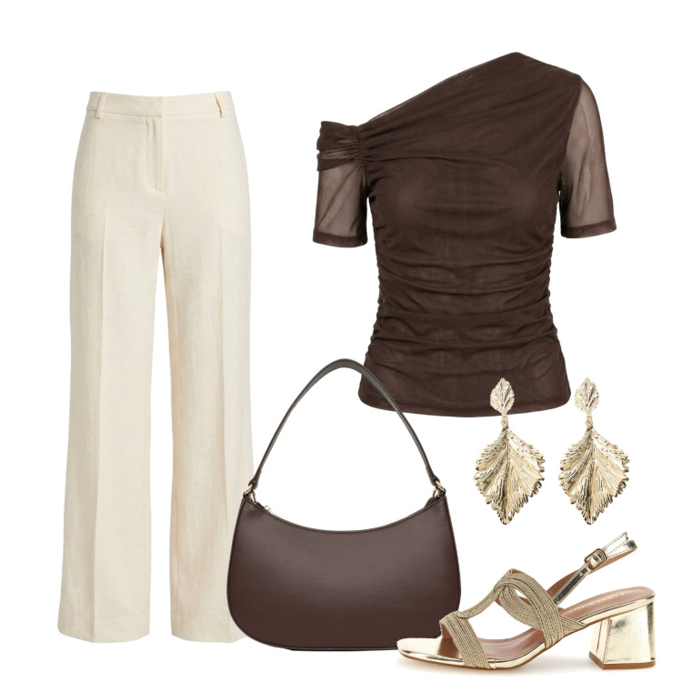 Outfit donna - Accessori gold. Stile Chic per Tutti i giorni. Abbinamento con borse a tracolla, orecchini, top, pantaloni, sandali col tacco.