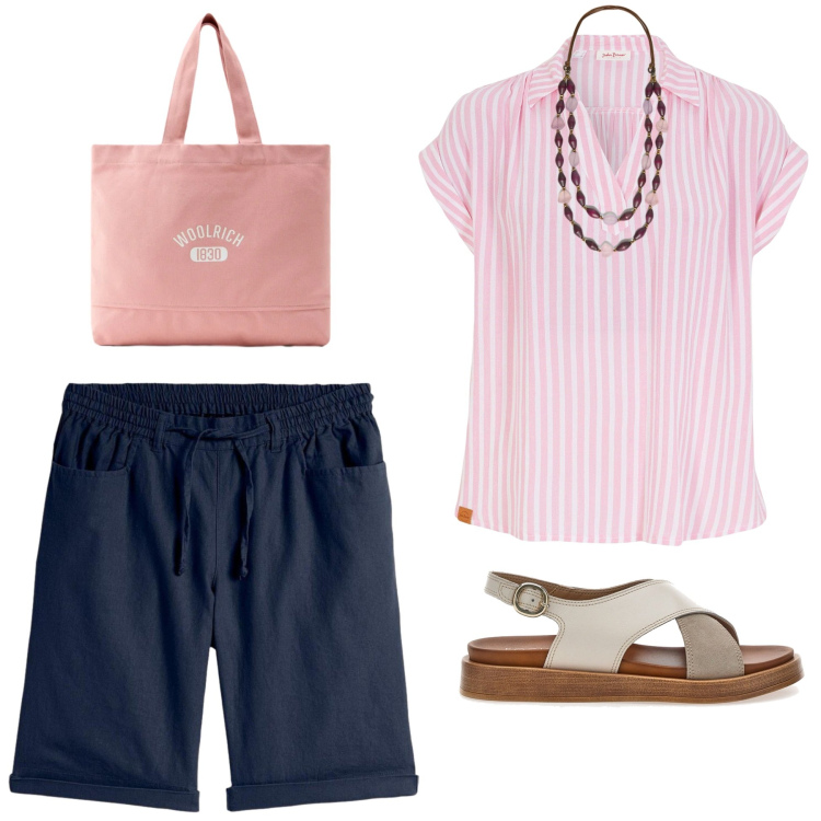 Outfit donna - Al caldo con stile. Stile Casual per Tutti i giorni. Abbinamento con bluse, bermuda, collane, borse tote, sandali.