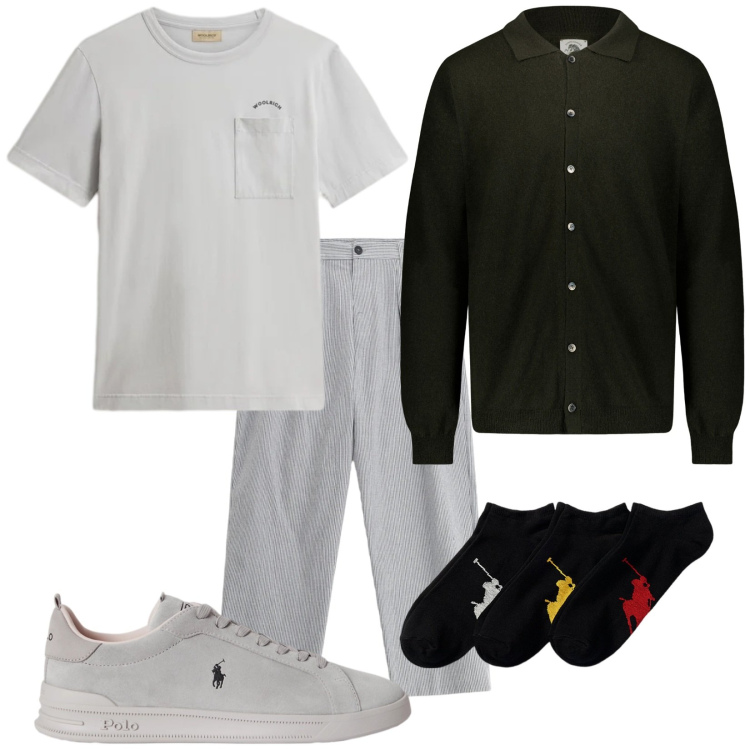 Outfit uomo - Stasera. Stile Trendy per Serata speciale. Abbinamento con t-shirt, calzini, sneakers, polo, pantaloni.