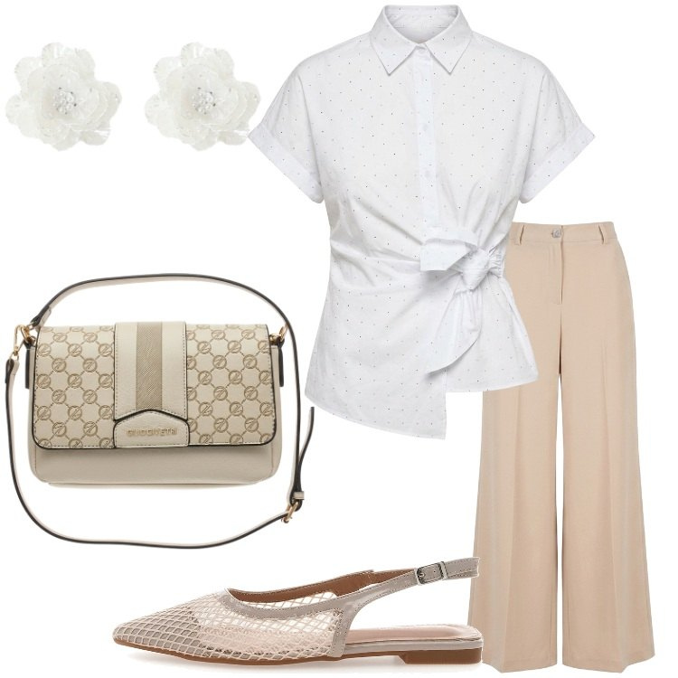 Outfit donna - Summer Sale Style. Stile Basic per Tutti i giorni. Abbinamento con orecchini, pantaloni a palazzo, camicie a manica corta, ballerine, borse a tracolla.