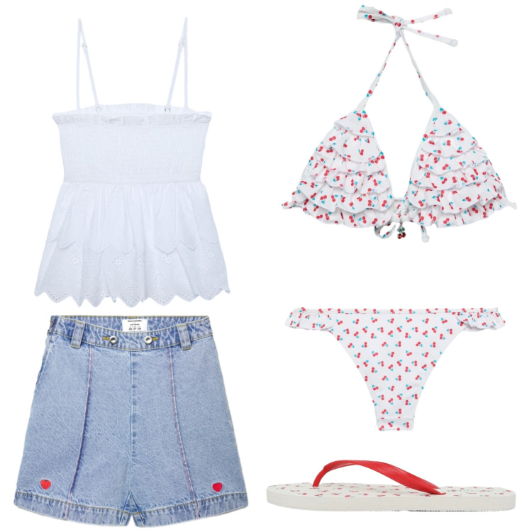 Outfit donna - Ciliegie al mare. Stile Romantica per Mare. Abbinamento con shorts, bikini, bikini, infradito, canottiere.