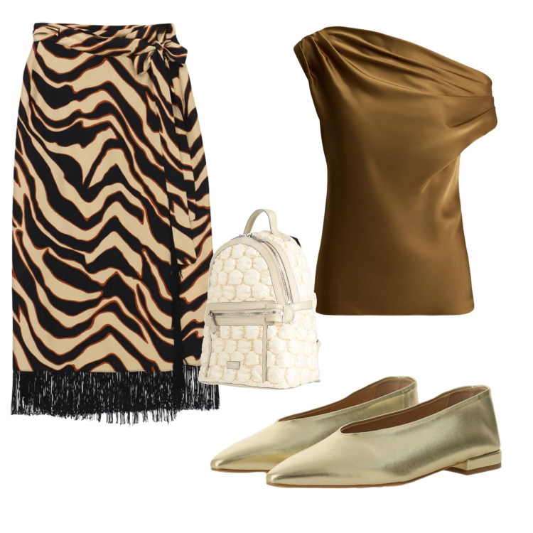 Outfit donna - Safari Chic in Tono Caramello. Stile Chic per Serata fuori. Abbinamento con zaini, gonne longuette, ballerine, top.