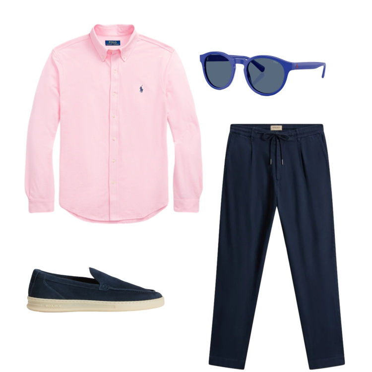 Outfit uomo - Preppy Breeze in Rosa & Navy. Stile Business/Elegante per Serata speciale. Abbinamento con occhiali da sole, camicie, pantaloni, scarpe stringate.