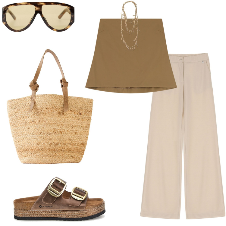 Outfit donna - Giornata calda in città. Stile Casual chic per Tutti i giorni. Abbinamento con shopping bag, pantaloni, top, collane, occhiali da sole, ciabatte.