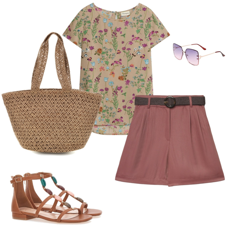 Outfit donna - Giornata calda in città. Stile Casual chic per Ufficio. Abbinamento con bluse, occhiali da sole, bermuda, sandali gioiello, borse tote.