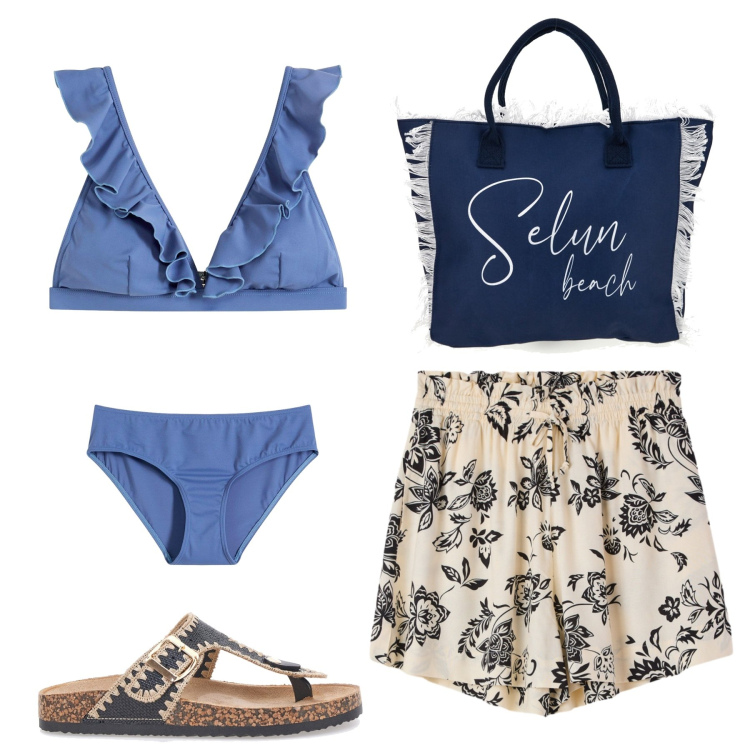 Outfit donna - Summer beach. Stile Basic per Mare. Abbinamento con bikini, shorts, infradito, shopping bag.