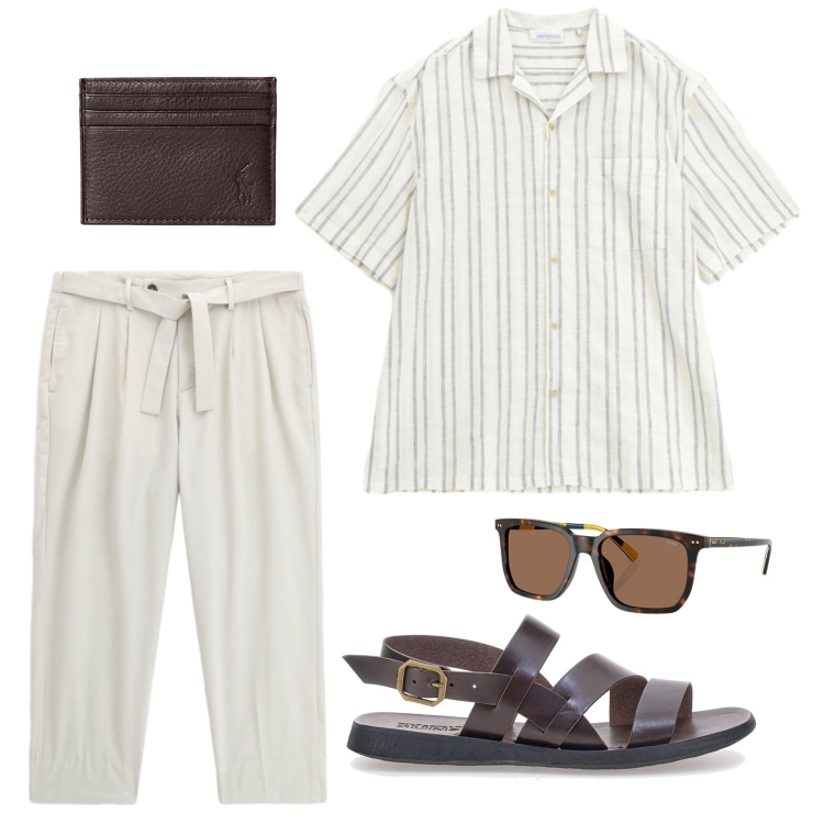 Outfit uomo - Camicia a righe bianche e blu. Stile Casual per Tutti i giorni. Abbinamento con portafogli, occhiali da sole, camicie a manica corta, pantaloni chino, sandali.