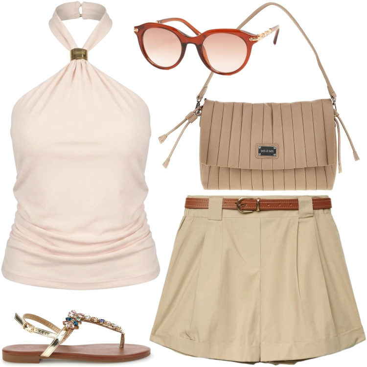 Outfit donna - Estate naturale. Stile Casual chic per Tutti i giorni. Abbinamento con shorts, occhiali da sole, top, pochette, sandali gioiello.