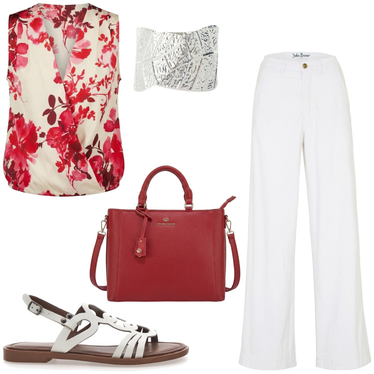 Outfit donna - Workwear. Stile Casual chic per Tutti i giorni. Abbinamento con jeans, braccialetti, top, sandali, borse a tracolla.