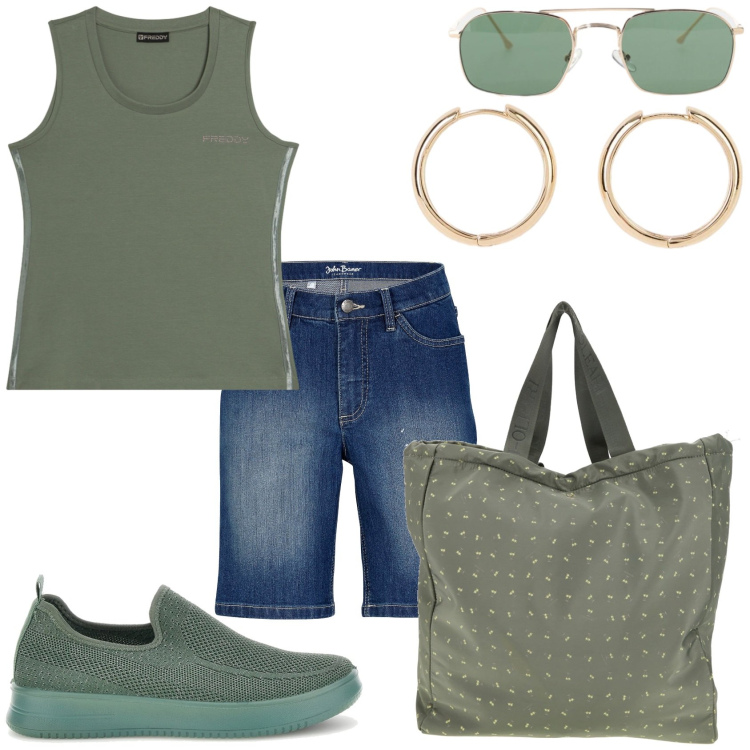Outfit donna - Estate calda. Stile Casual per Tutti i giorni. Abbinamento con bermuda, orecchini, occhiali da sole, canottiere, shopping bag, sneakers.