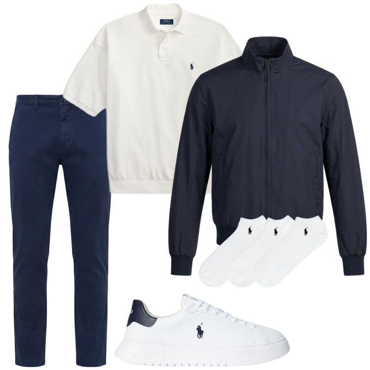 Outfit uomo - Di sera. Stile Casual per Tutti i giorni. Abbinamento con pantaloni chino, bomber, calzini, sneakers, polo.