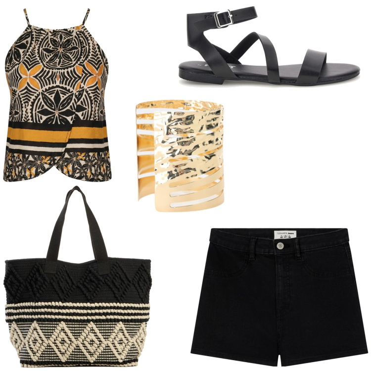 Outfit donna - Etnico. Stile Etnico per Tutti i giorni. Abbinamento con shopping bag, shorts, braccialetti, canottiere, sandali.