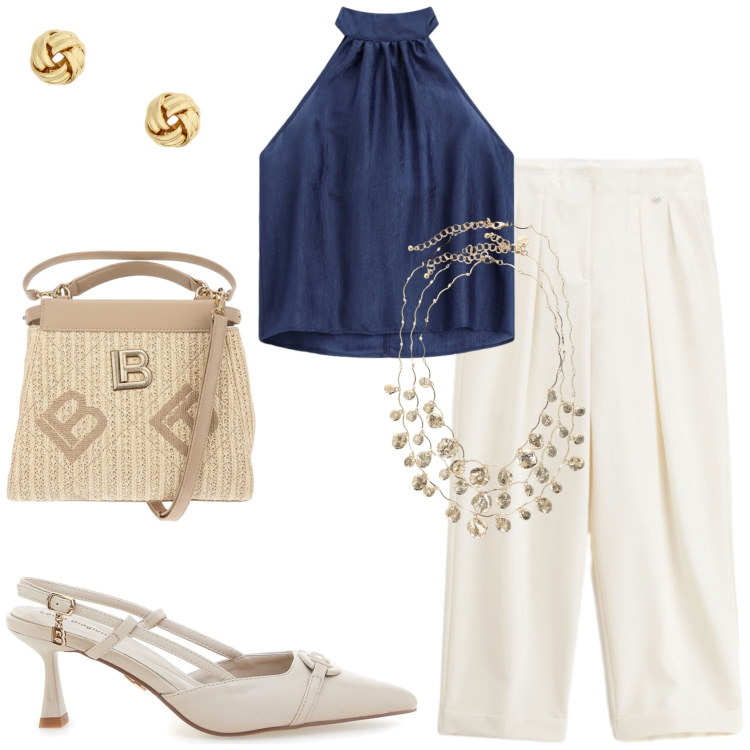 Outfit donna - Casual chic. Stile Casual chic per Ufficio. Abbinamento con top, pantaloni, collane, orecchini, décolleté, borse a tracolla.