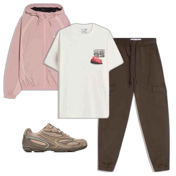 Outfit hombre - Casual look. Estilo Casual para Todos los días. Combinación con pantalones cargo, camiseta, chaquetas, sneakers.