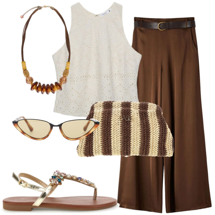 Outfit donna - Eleganza e leggerezza. Stile Casual per Tutti i giorni. Abbinamento con top, pantaloni, occhiali da sole, collane, pochette, sandali gioiello.