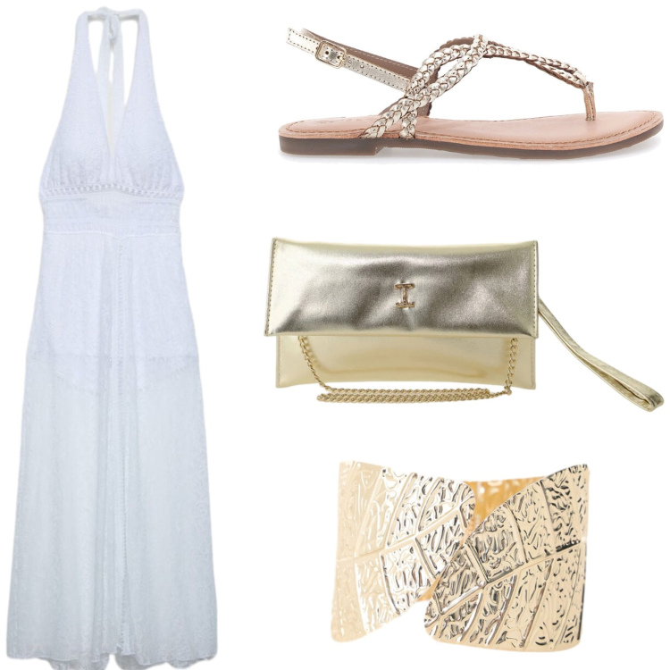 Outfit donna - Serata fuori. Stile Chic per Serata fuori. Abbinamento con tuta corta, braccialetti, borse a tracolla, sandali.