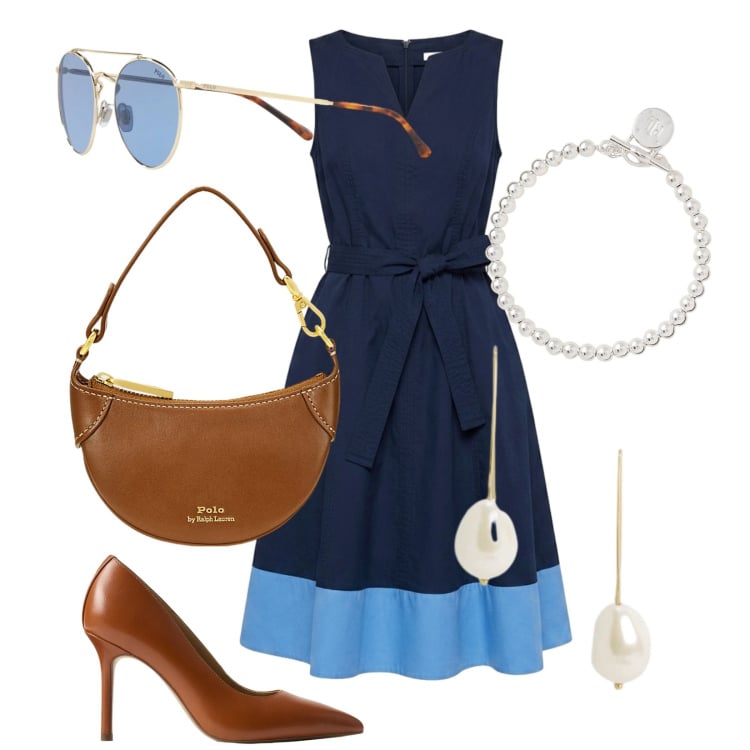 Outfit donna - Bon ton in Ufficio a luglio. Stile Bon Ton per Ufficio. Abbinamento con vestiti senza maniche, orecchini, borse a tracolla, braccialetti, décolleté, occhiali da sole.
