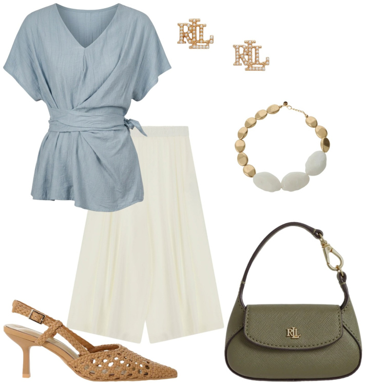 Outfit donna - Total look #2427924. Stile Casual chic per Tutti i giorni. Abbinamento con décolleté, pantaloni a palazzo, collane, t-shirt, orecchini, borse a mano.
