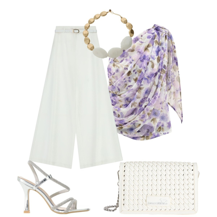 Outfit donna - Il top leggero e romantico. Stile Chic per Cerimonia. Abbinamento con borse a tracolla, collane, top, pantaloni a palazzo, sandali col tacco.