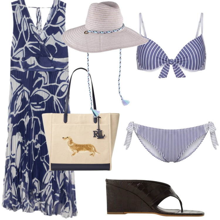 Outfit donna - Luglio al mare. Stile Trendy per Mare. Abbinamento con cappelli, bikini, sandali, vestiti lunghi, borse tote.