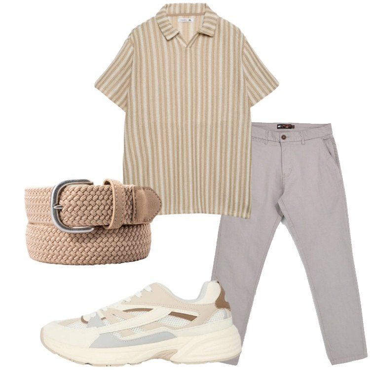 Outfit uomo - Righe d’estate. Stile Trendy per Serata speciale. Abbinamento con sneakers, polo, cinture, pantaloni.
