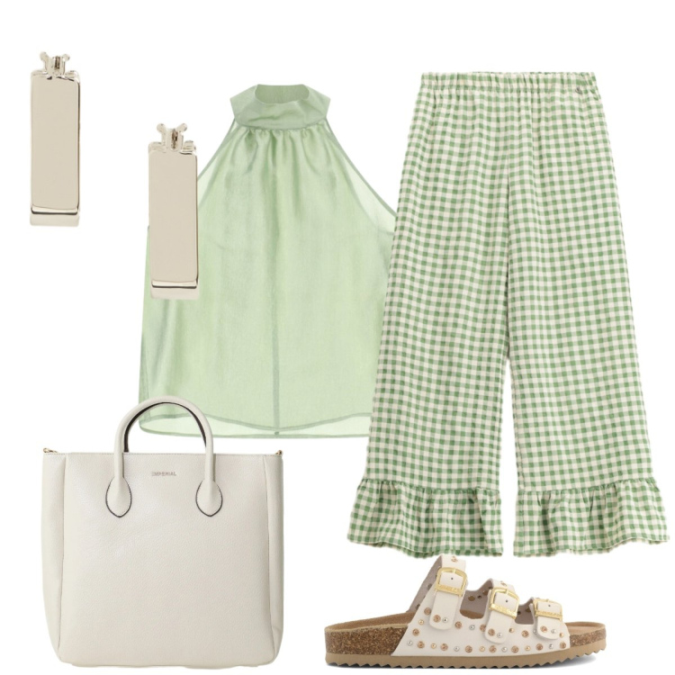 Outfit donna - Preppy in città. Stile Preppy per Tutti i giorni. Abbinamento con orecchini, pantaloni a palazzo, borse a tracolla, top, sandali.