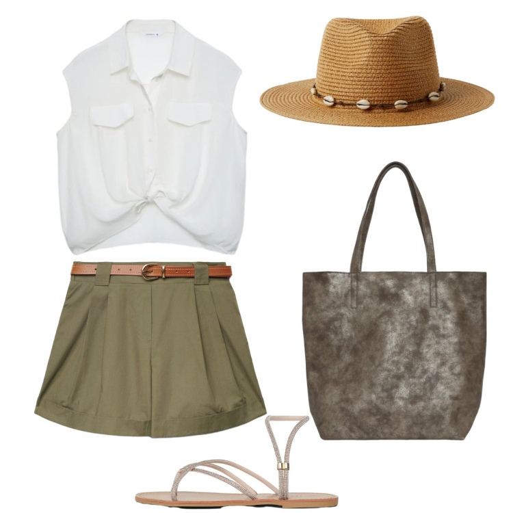 Outfit donna - Tre pezzi. Stile Basic per Tutti i giorni. Abbinamento con camicie a manica corta, shopping bag, cappelli, sandali, shorts.