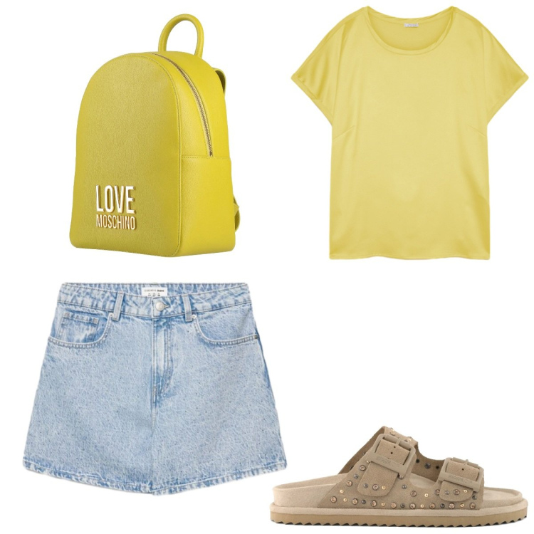 Outfit donna - Gonna di jeans. Stile Basic per Tutti i giorni. Abbinamento con zaini, shorts, t-shirt, sandali in pelle.
