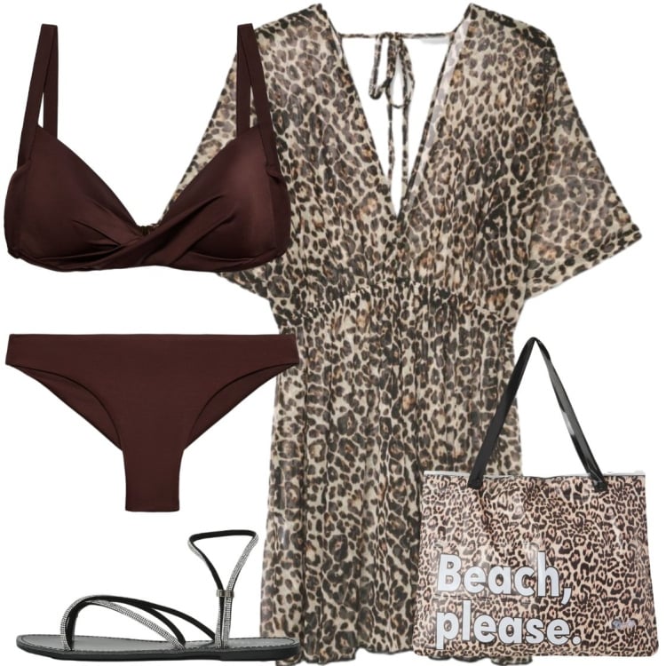 Outfit donna - Coordinato in spiaggia. Stile Glamour per Mare. Abbinamento con caftani, borse tote, sandali, bikini, bikini.