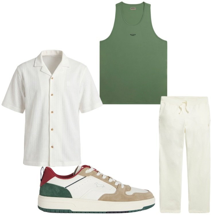 Outfit uomo - A spasso. Stile Casual per Tutti i giorni. Abbinamento con sneakers, camicie a manica corta, canottiere, pantaloni.