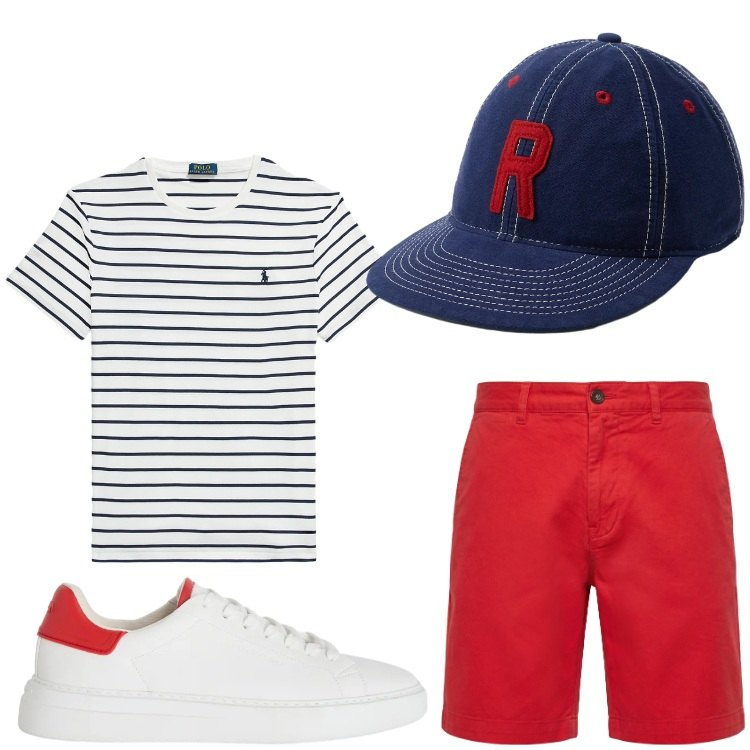 Outfit uomo - Alla marinara. Stile Casual per Tutti i giorni. Abbinamento con sneakers, pantaloni corti, cappelli con visiera, t-shirt.