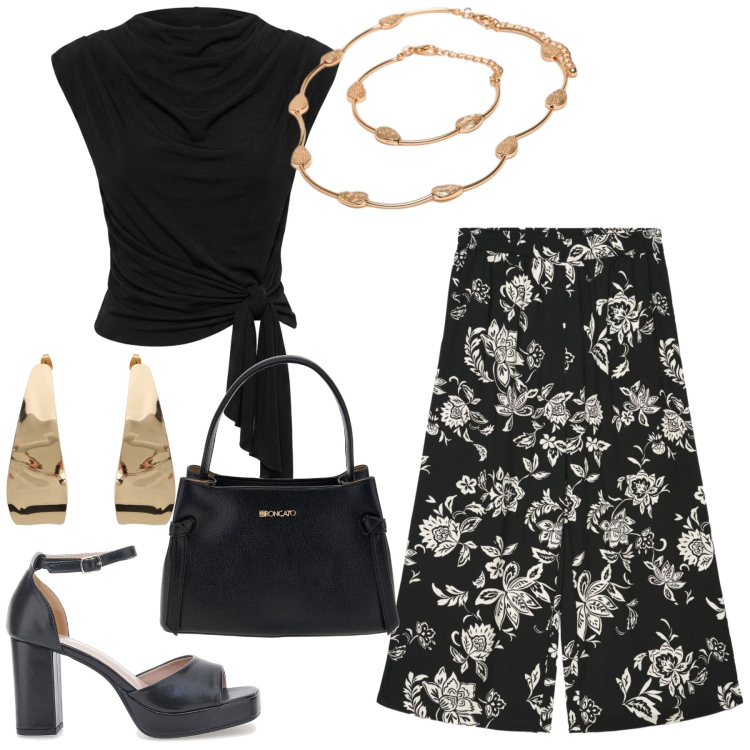 Outfit donna - Summer Time. Stile Casual chic per Serata fuori. Abbinamento con pantaloni a palazzo, orecchini, top, braccialetti, décolleté, borse a tracolla.