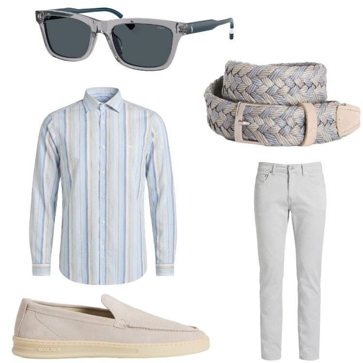 Outfit uomo - Righe in ufficio. Stile Business/Elegante per Ufficio. Abbinamento con pantaloni, camicie, cinture, scarpe stringate, occhiali da sole.