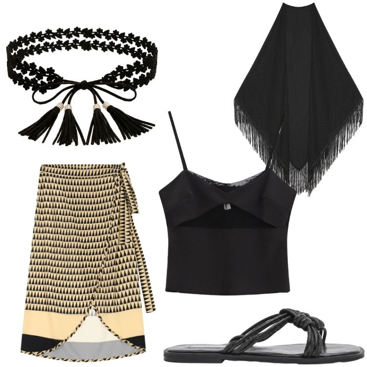 Outfit donna - Serata etnica. Stile Etnico per Serata fuori. Abbinamento con sandali, canottiere, gonne longuette, foulard, cinture.