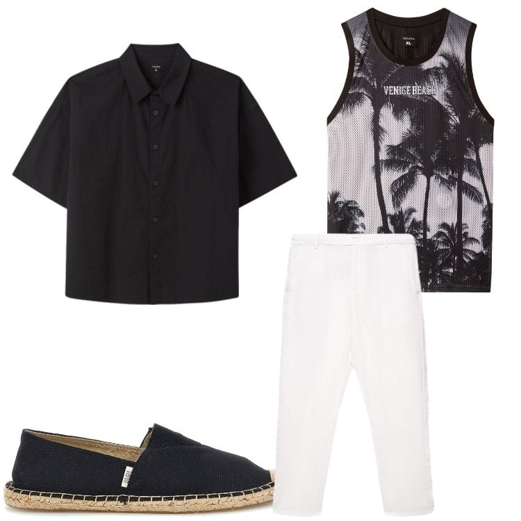 Outfit uomo - La testa in vacanza. Stile Casual per Tutti i giorni. Abbinamento con canottiere, pantaloni, camicie a manica corta, espadrillas.