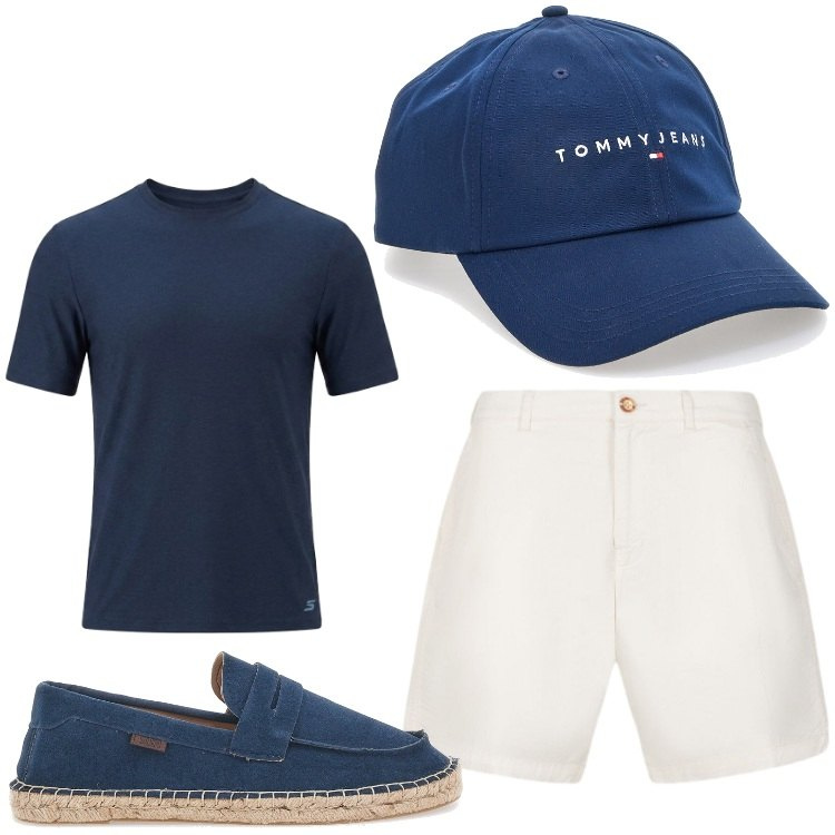 Outfit uomo - I colori del mare. Stile Casual per Mare. Abbinamento con bermuda, espadrillas, cappelli con visiera, t-shirt.