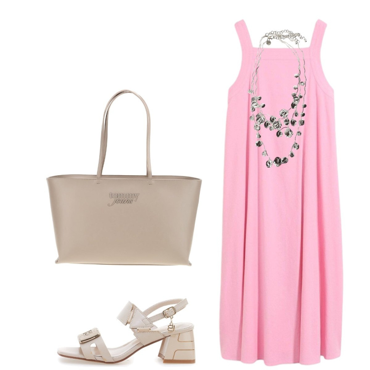 Outfit donna - L’abito ideale per l’estate. Stile Bon Ton per Ufficio. Abbinamento con vestiti lunghi, collane, borse a spalla, sandali col tacco.