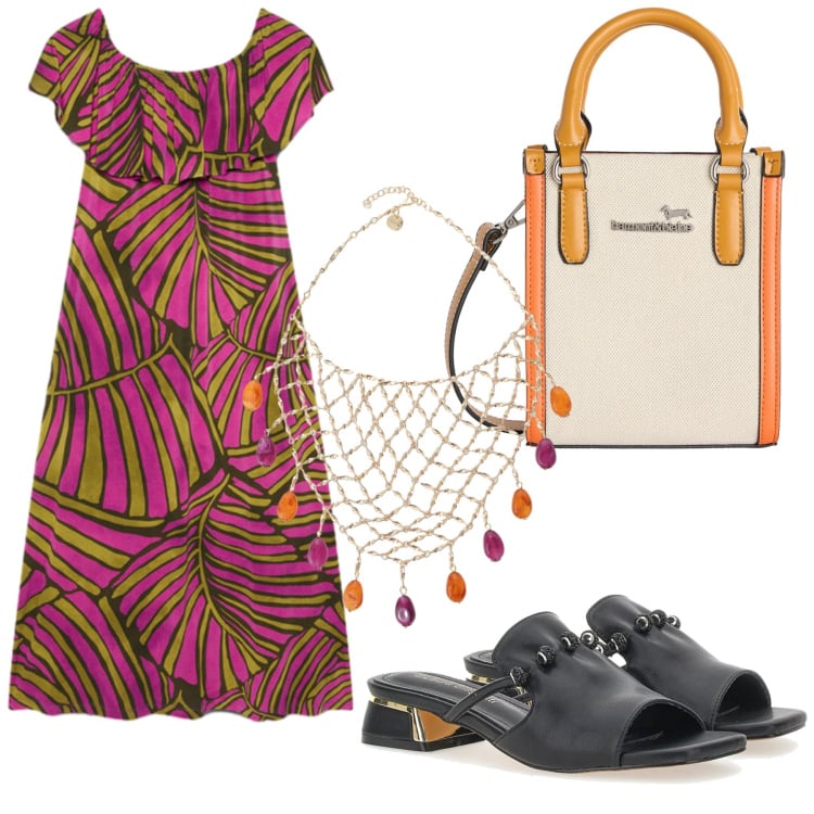 Outfit donna - Amarena e ananas. Stile Casual chic per Tutti i giorni. Abbinamento con borse tote, collane, vestiti lunghi, ciabatte.