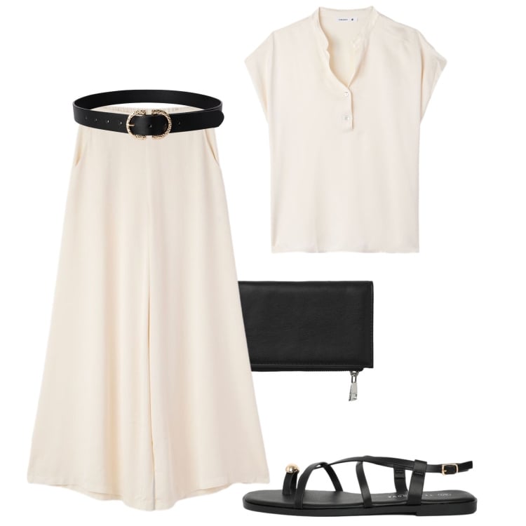 Outfit donna - Bianco in estate. Stile Minimal per Tutti i giorni. Abbinamento con canottiere, cinture, pantaloni, portafogli, sandali.