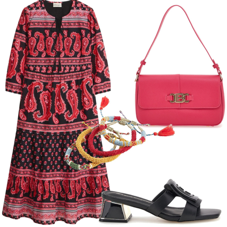 Outfit donna - Donna d\'Estate. Stile Casual chic per Tutti i giorni. Abbinamento con vestiti midi/longuette, braccialetti, borse a spalla, scarpe col tacco.