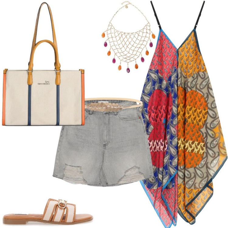 Outfit donna - Tonalità accese con stile ogni giorno. Stile Trendy per Tutti i giorni. Abbinamento con shorts, collane, top, cinture, borse tote, ciabatte.