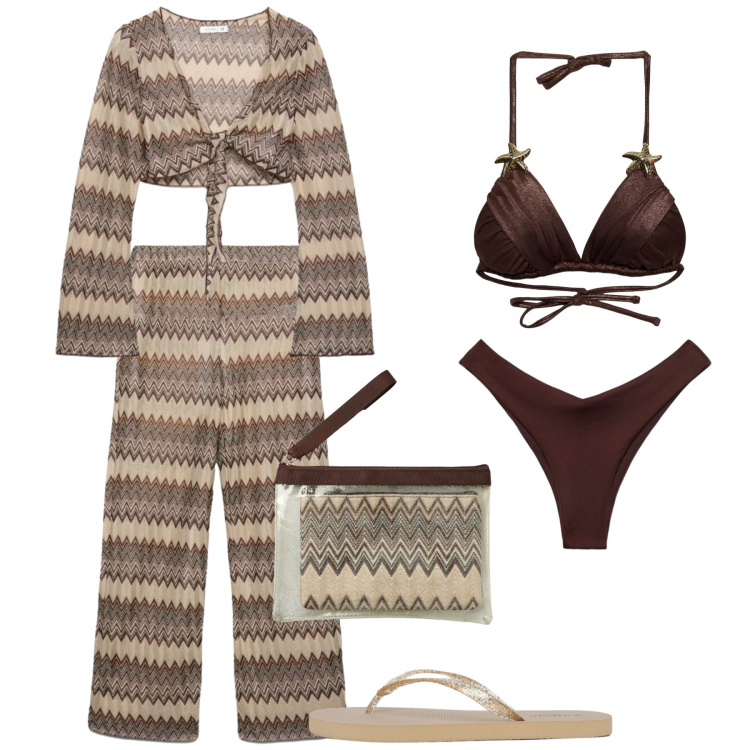 Outfit donna - Spiaggia e aperitivo 70s. Stile 70s per Mare. Abbinamento con infradito, pochette, blazer, bikini, bikini, pantaloni.
