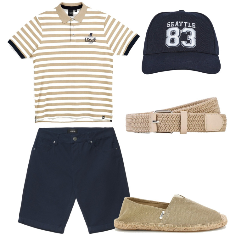 Outfit uomo - Luglio in città. Stile Casual per Tutti i giorni. Abbinamento con cinture, cappelli, bermuda, espadrillas, polo.