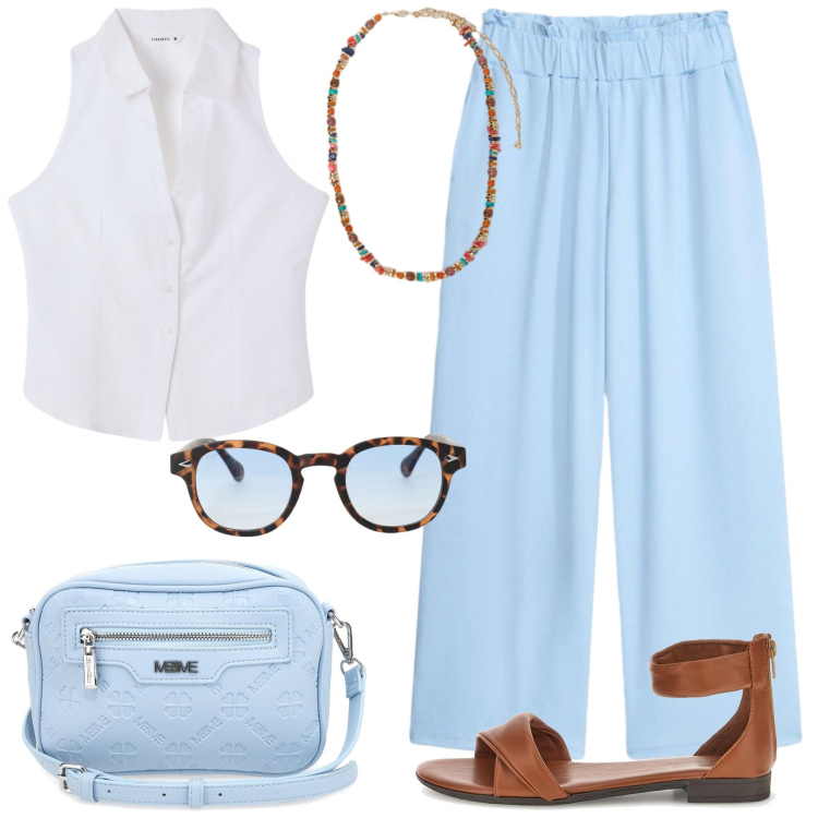 Outfit donna - Estate in ufficio. Stile Casual chic per Ufficio. Abbinamento con pantaloni, top, occhiali da sole, collane, sandali, borse a tracolla.