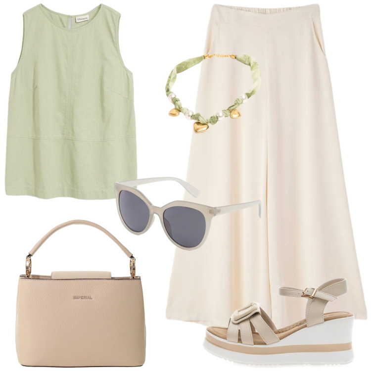 Outfit donna - Summer style. Stile Glamour per Tutti i giorni. Abbinamento con top, occhiali da sole, pantaloni, borse a secchiello, collane, sandali.